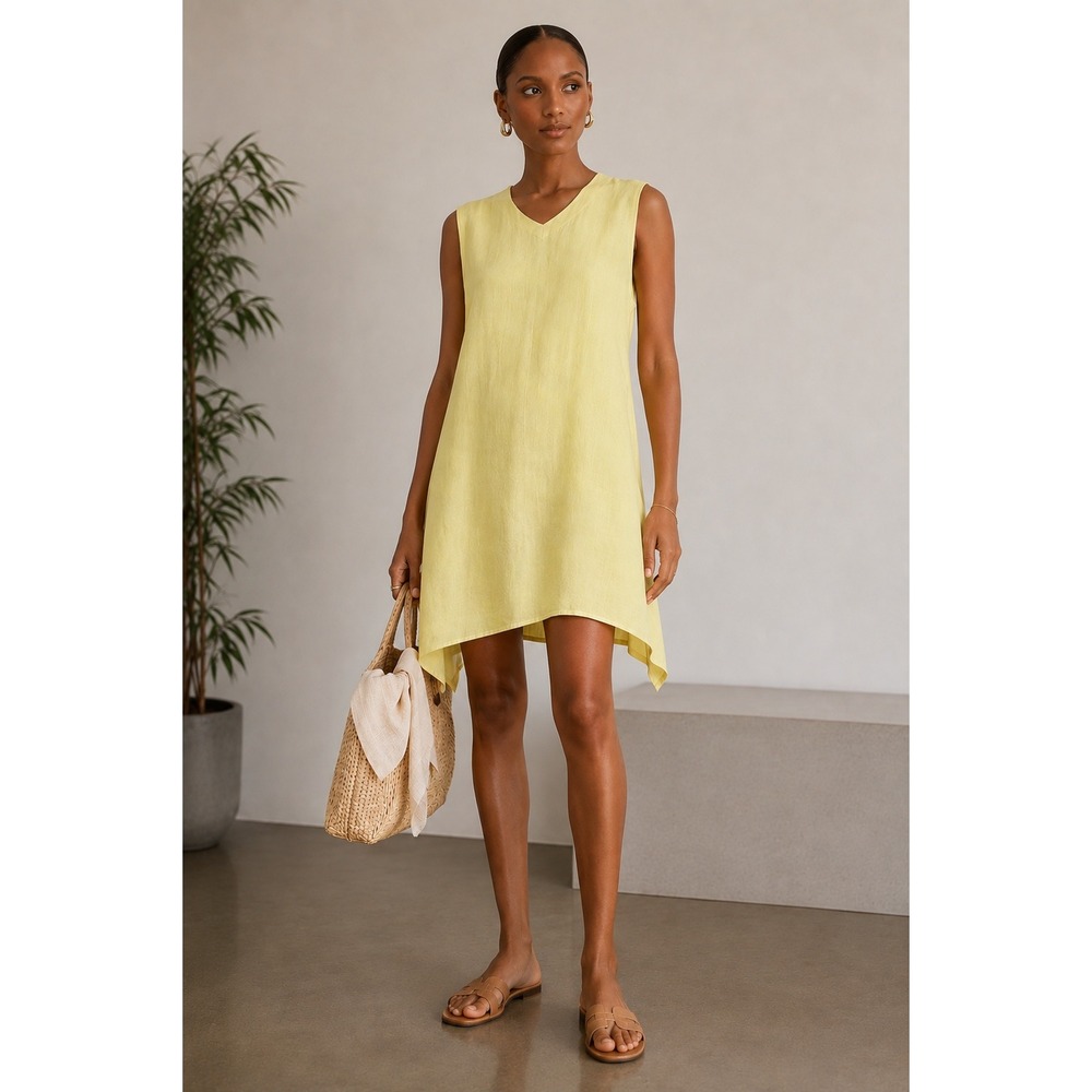 Bryn Walker Yellow 100% Linen Sleeveless V-Neck Sharkbite Hem Dress Small
